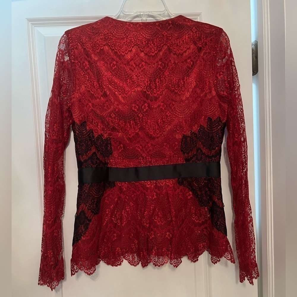 VENUS Red Lace Sheer Sleeve Holiday Blazer Jacket - Picture 5 of 7